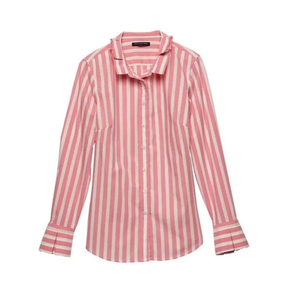 Banana Republic Tailored Long Sleeve Box Pleat Pink White Striped Shirt Size 12